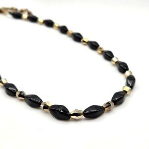 Vintage Crown Trifari Black Glass and Gold Tone Beaded 16" Necklace Hook Clasp